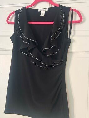 White House Black Market Black Ruffle V-Neck Camisole with Contrast Stitching